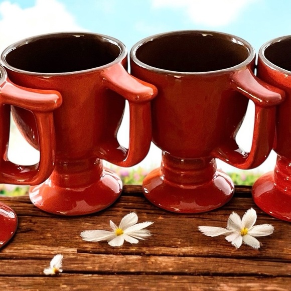 Vintage Frankoma Pottery Westwind Flame Red Orange Stemmed Mugs Set Of 4 - Picture 9 of 16